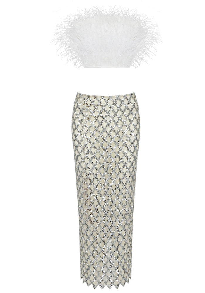 Strapless Feather Midi Two Piece Dress White