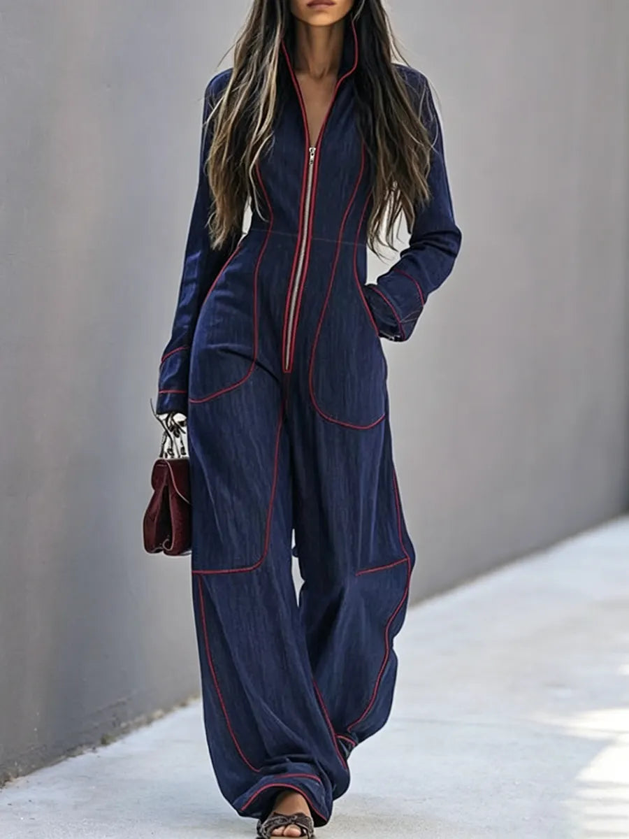 Long Sleeves Wide Leg Zipper Stand Collar Jumpsuits