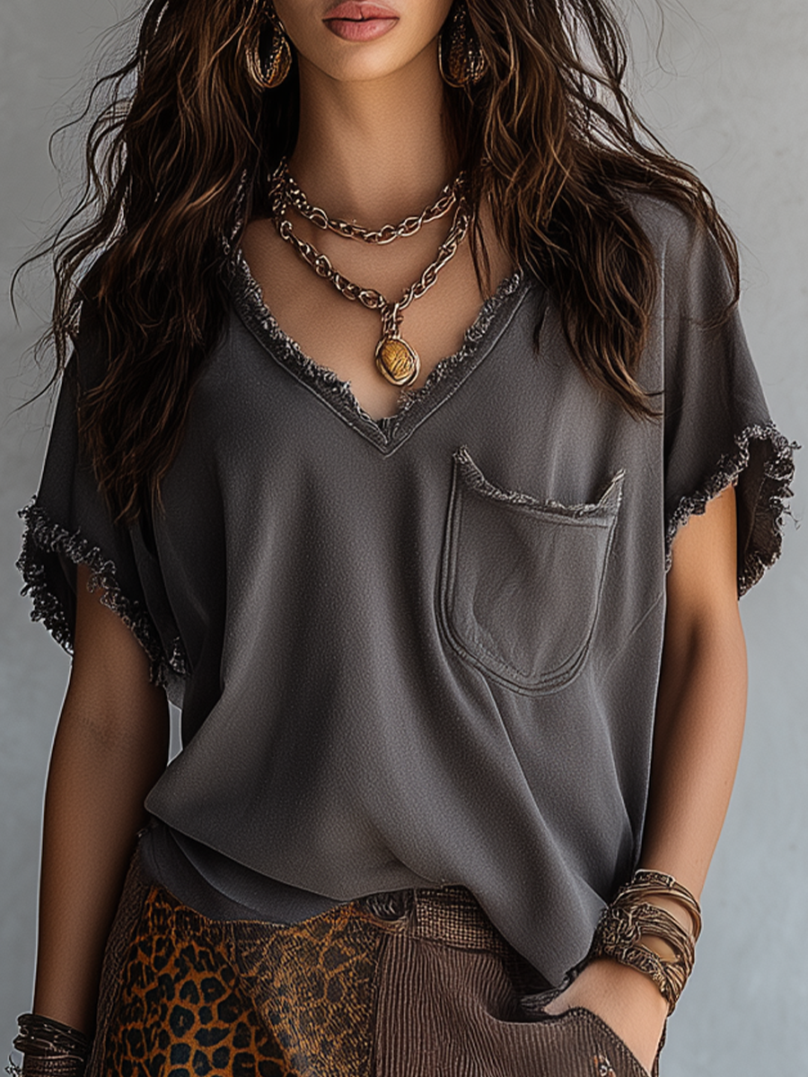 Urban Boho Washed V-Neck Frayed Edge Top