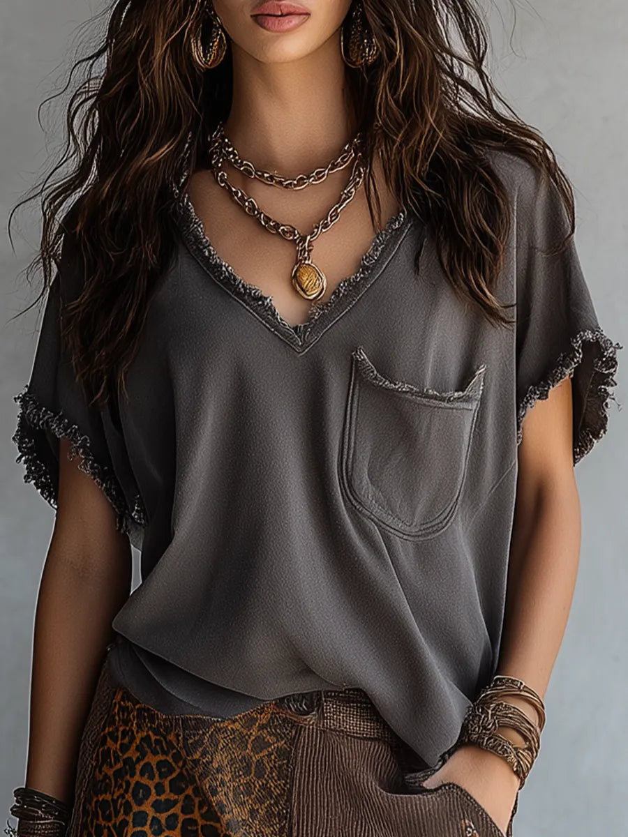 Urban Boho Washed V-Neck Frayed Edge Top