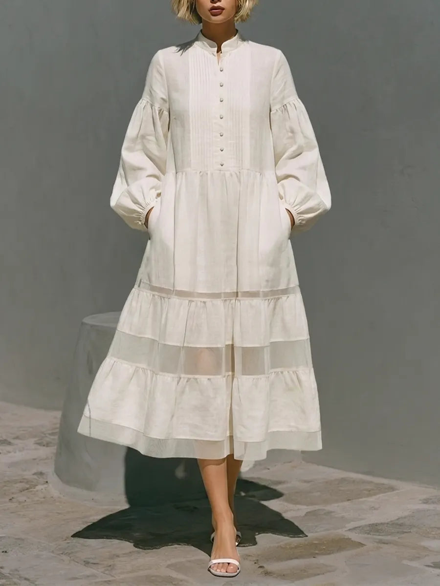 Women's Off White Cotton Blend Midi Dress With Mandarin Collar Half Button Placket & Sheer Tiered Skirt, Boho Casual Lantern Sleeve Midi Dress MDZ2448G9LYL