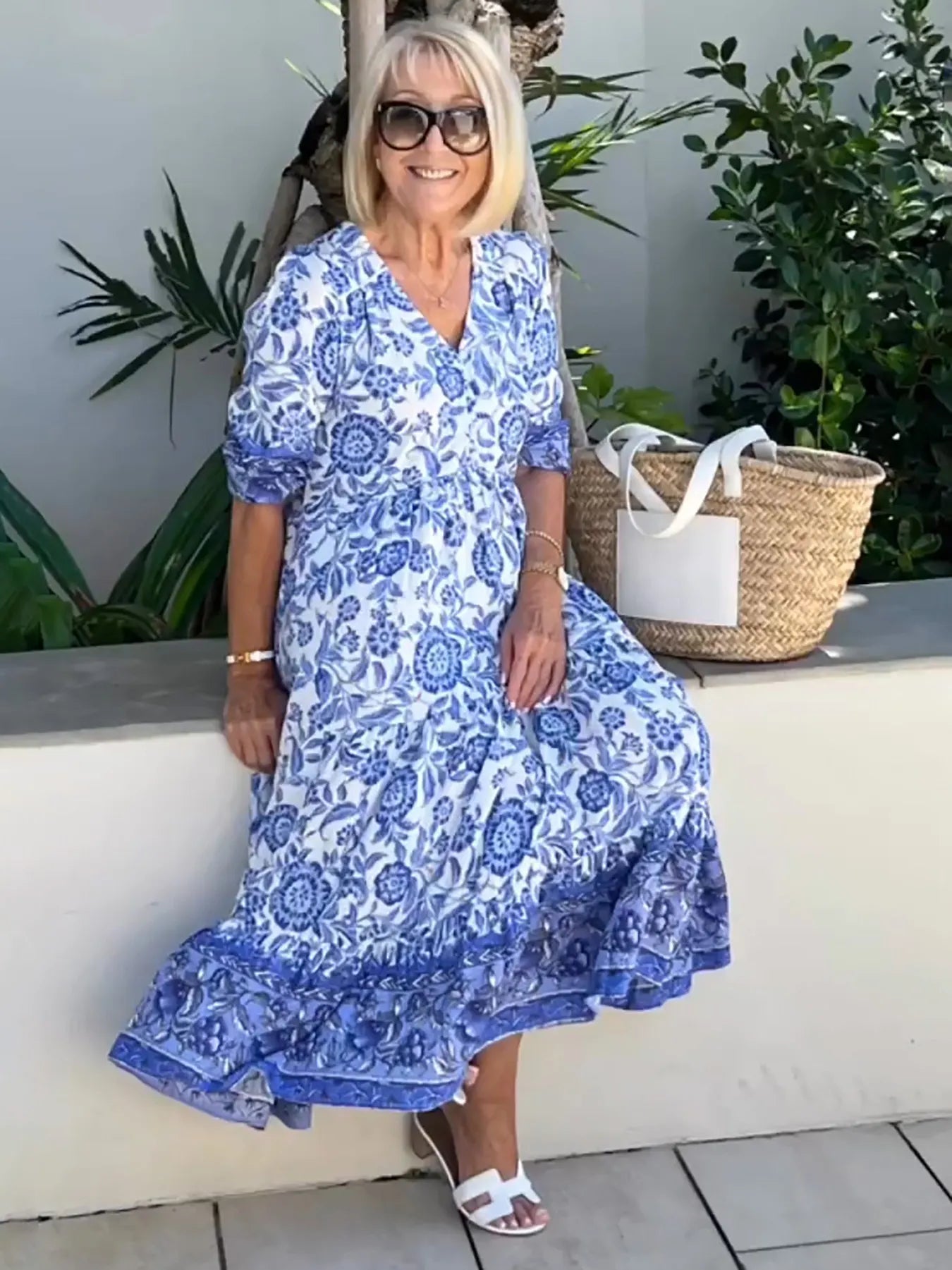 Boho Deep V Half Sleeve Dress Loose Floral Skirt Vacation Dress
