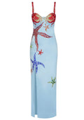 Crystal Bustier Starfish Detail Maxi Dress Blue