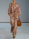 Women's Dusty Pink Print Chiffion Jumpsuit With Collared Half Placket & Self Tie Waist Belt, Modern Elegant Vacation Full Length Jumpsuit MDZ0113G4LYL