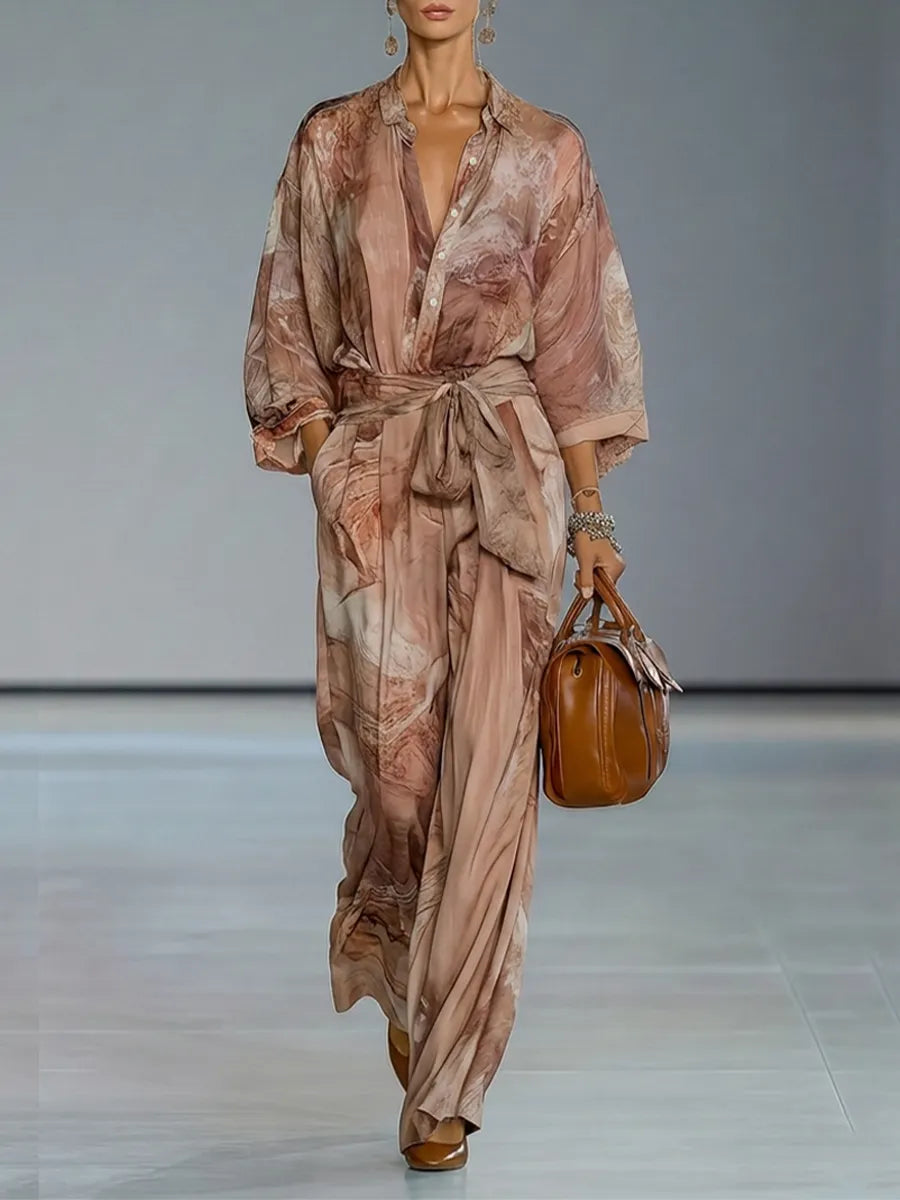Women's Dusty Pink Print Chiffion Jumpsuit With Collared Half Placket & Self Tie Waist Belt, Modern Elegant Vacation Full Length Jumpsuit MDZ0113G4LYL