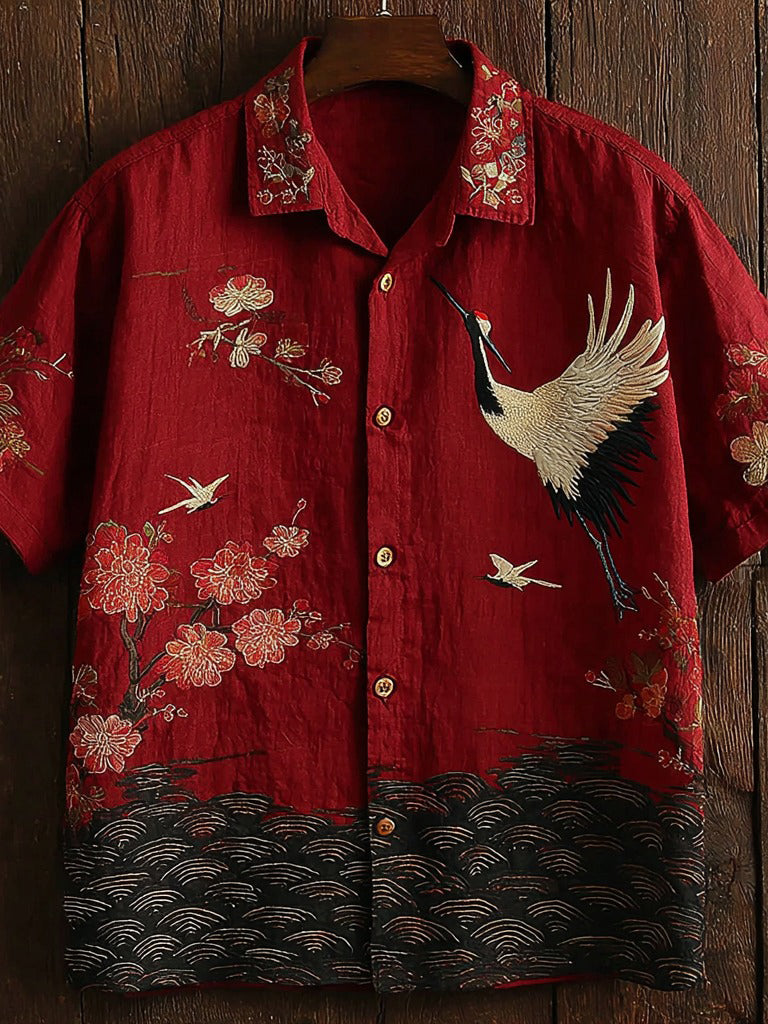 Men's Vintage Ripple Pattern And Crane Art Print Linen Shirt