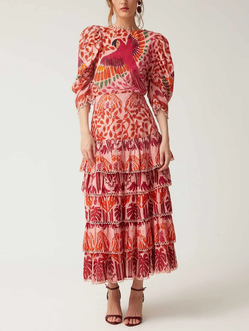 Vibrant Tropical Floral Print Layered Midi Skirt