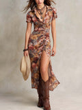 Retro Coachella Floral Ruched Midi Dress
