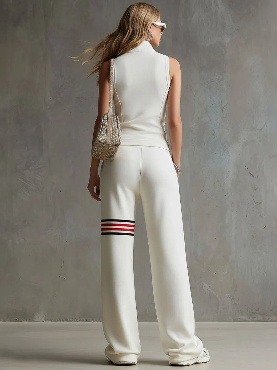Sporty Retro White Striped Embroidered Sleeveless Vest And Wide-Leg Pants Set