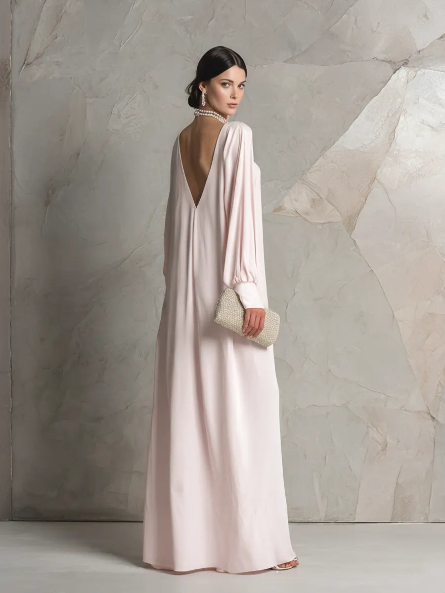 Women's Pale Pink Boat Neck Long Sleeve Open Back Maxi Dress MDZ0986C4BA