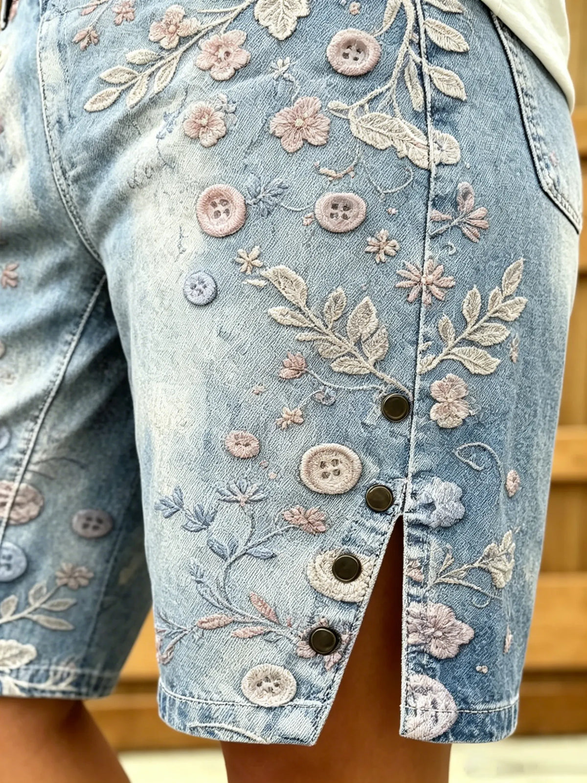Women's Floral & Button Print Denim Bermuda Shorts