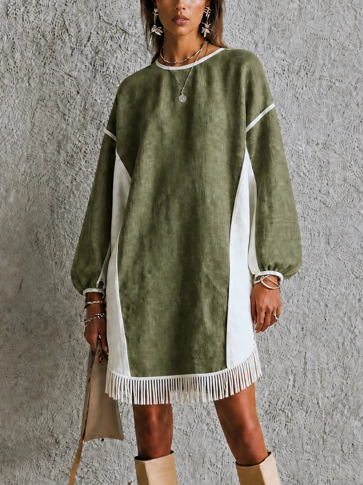 Olive Ivory Fringe Hem Oversized Mini Dress