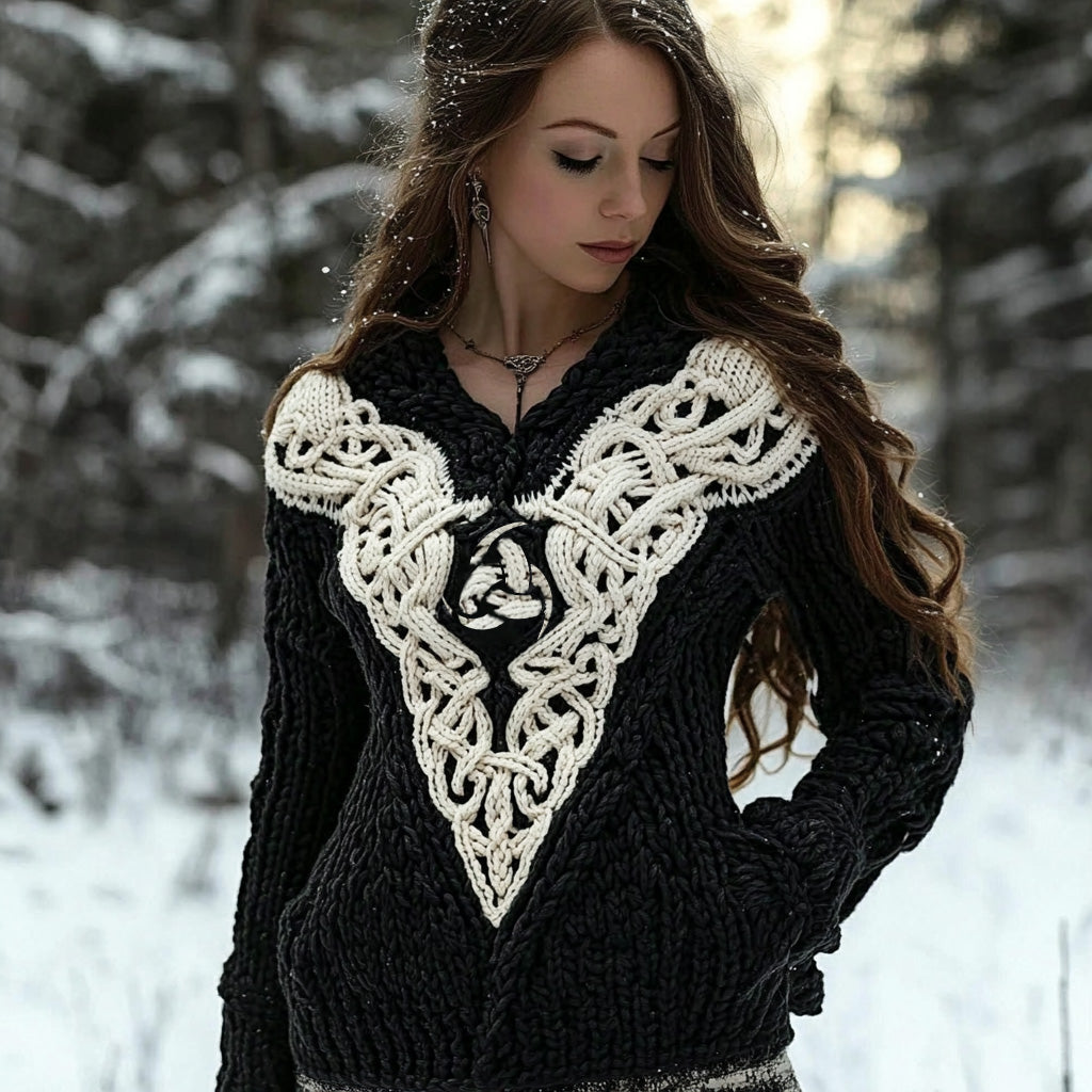 Women's Viking Rune Knit Jacquard Warm V-neck Sweater