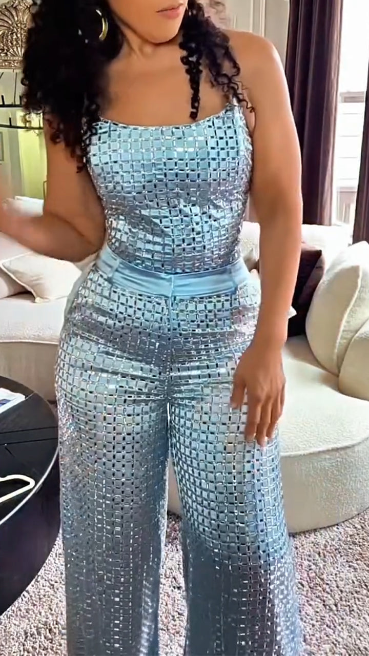 Women Suspender Hot Diamond Top + Pants Sexy Casual Suit