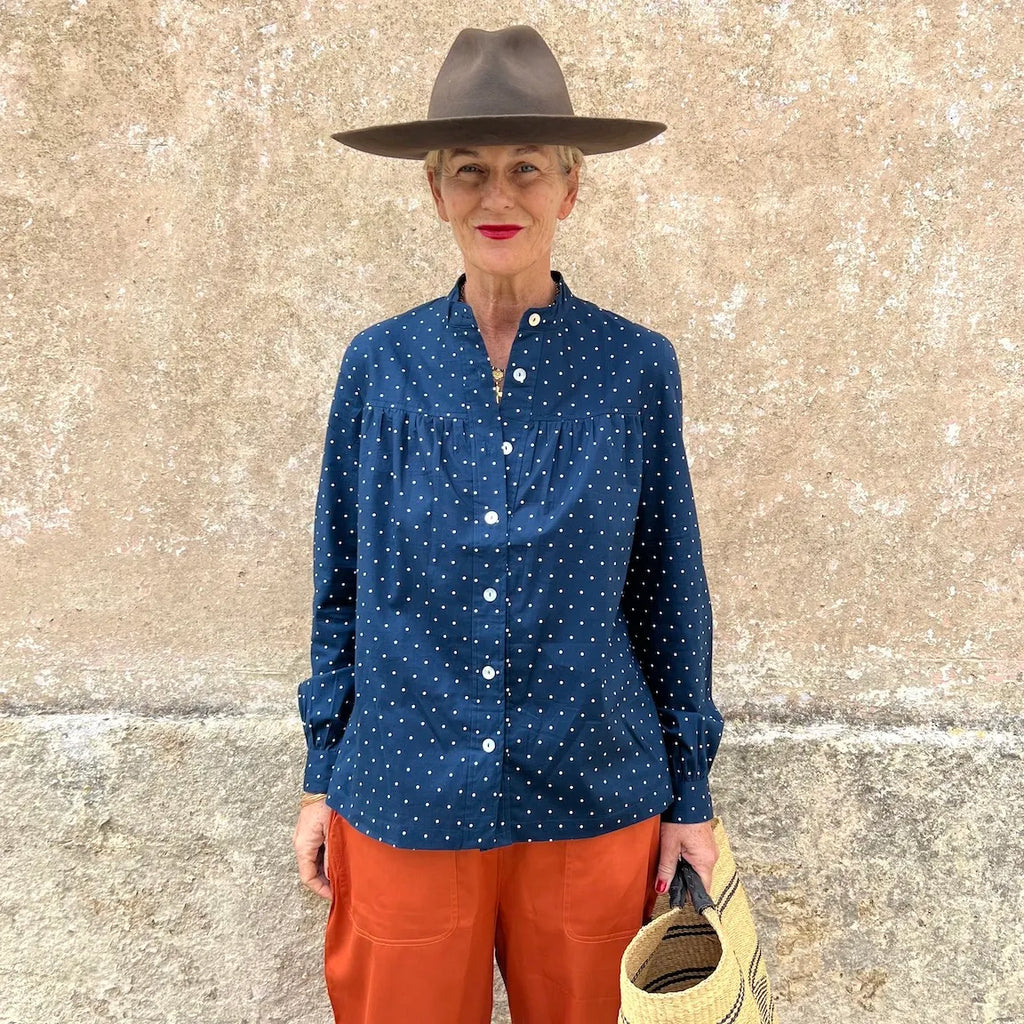 Blouse Small Polka Dots N. 18 - French Vintage Gathered Shirt with Mandarin Collar | Dadihouse