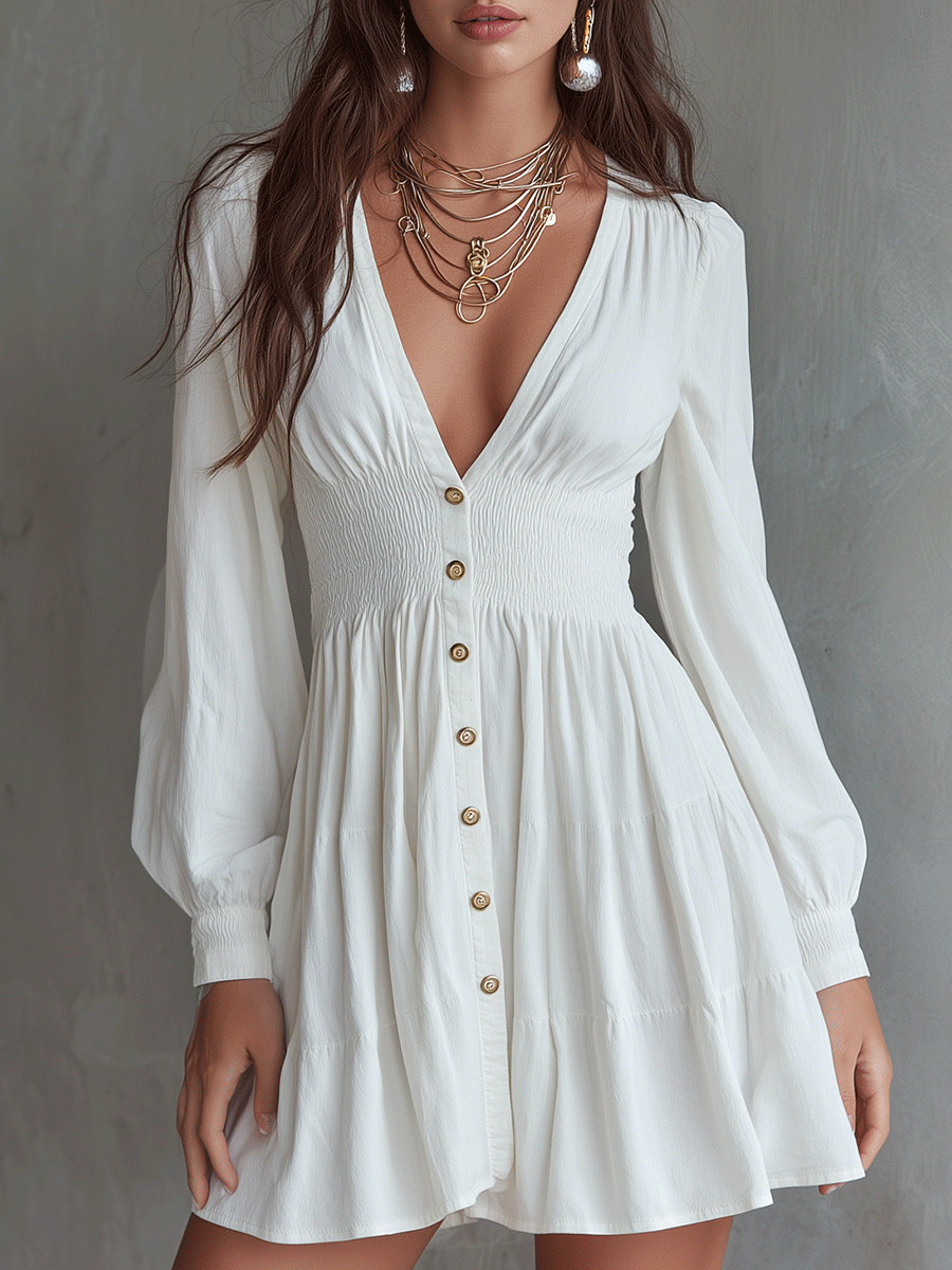 Elegance V-Neck Effortless White Button-Front Midi Dress