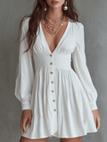 Elegance V-Neck Effortless White Button-Front Midi Dress