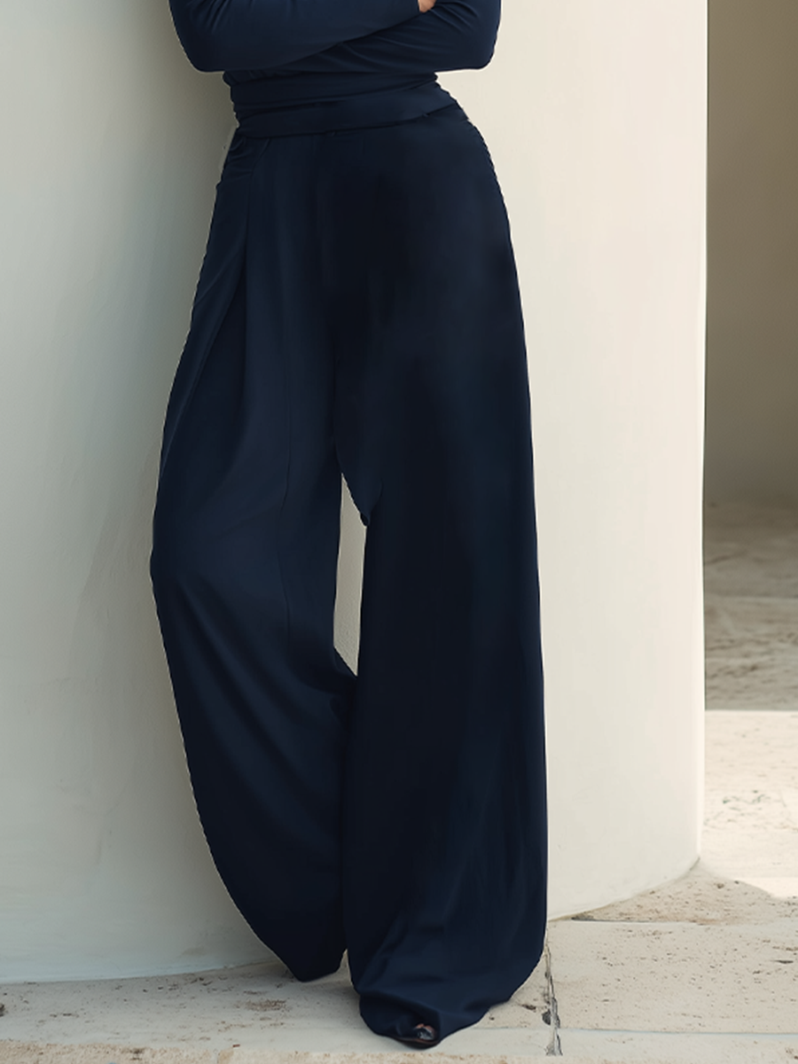 Women's Navy Stretch Jersey Two Piece Matching Set With Draped Cowl Neck Wrap Waist Top & High Waist Wide Leg Trousers, Minimalist Elegant Smart Casual Co-Ord Outfit MDZ2249G3LYL