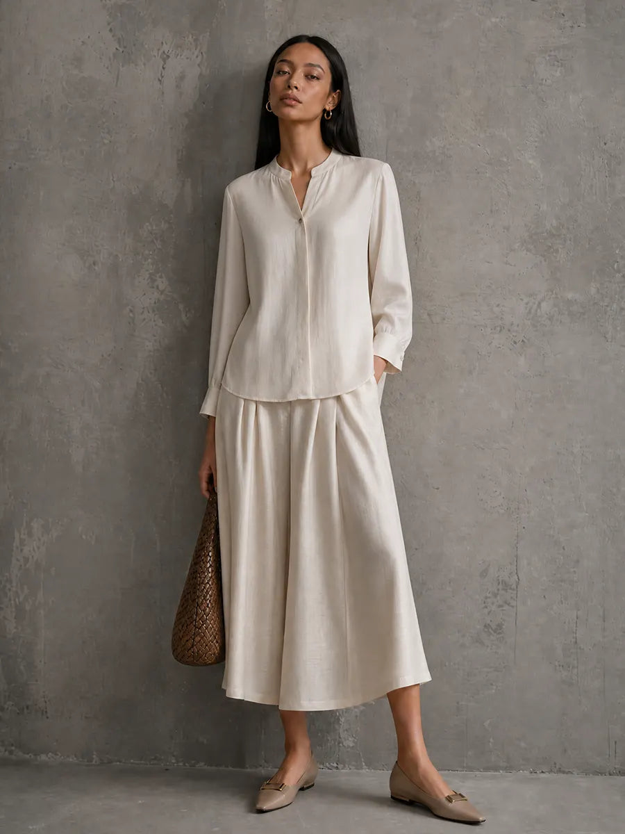 Women's Minimalist Ivory Tencel Cotton Linen Stand Collar Shirt Wide-Leg Culottes Set MDZ2190G2GMJ