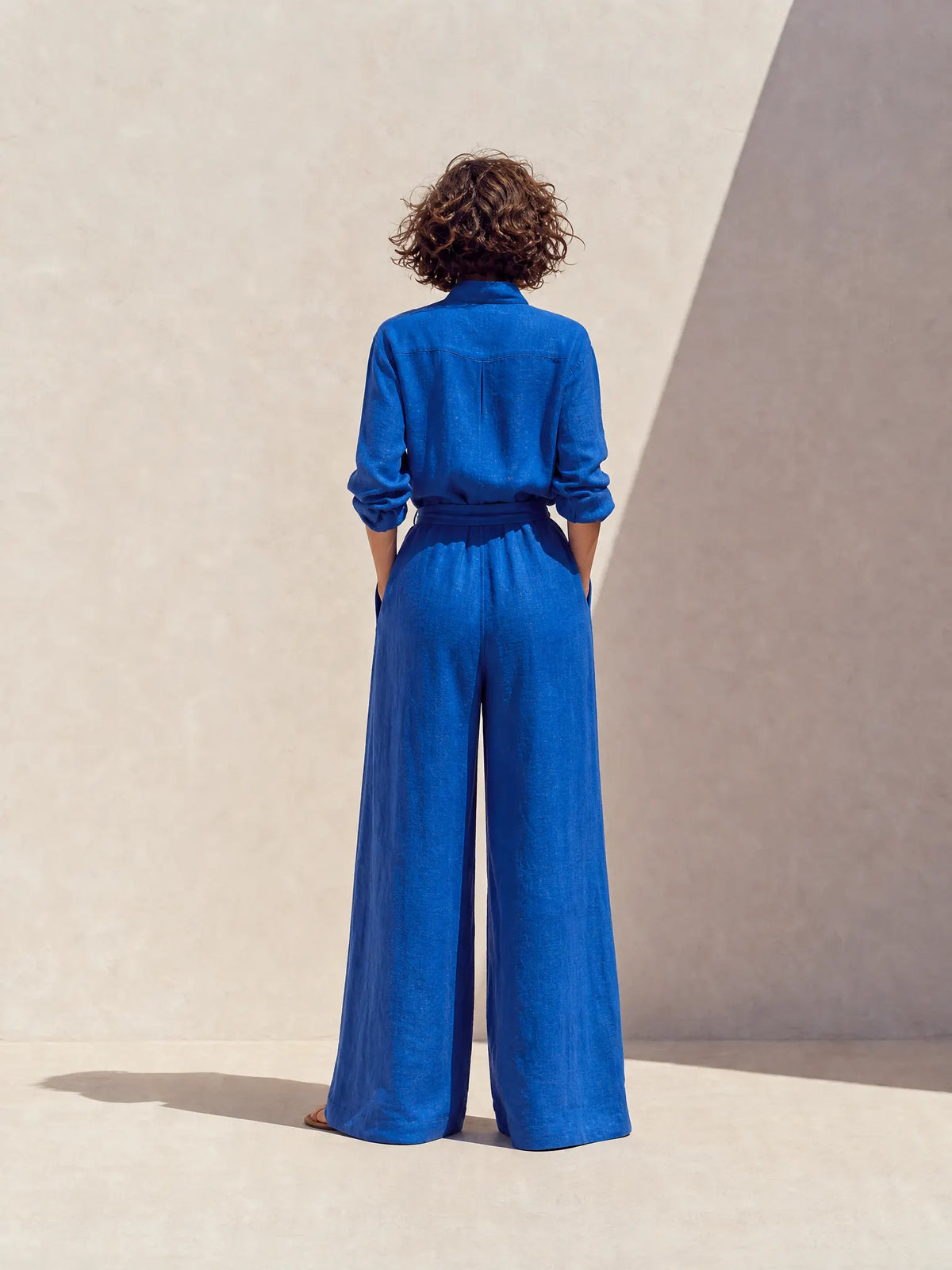 Women's Vacation Klein Blue Washed Linen Stand Collar Long-Sleeve Shirt & Wide-Leg Pants Set MDZ1740G5CMX