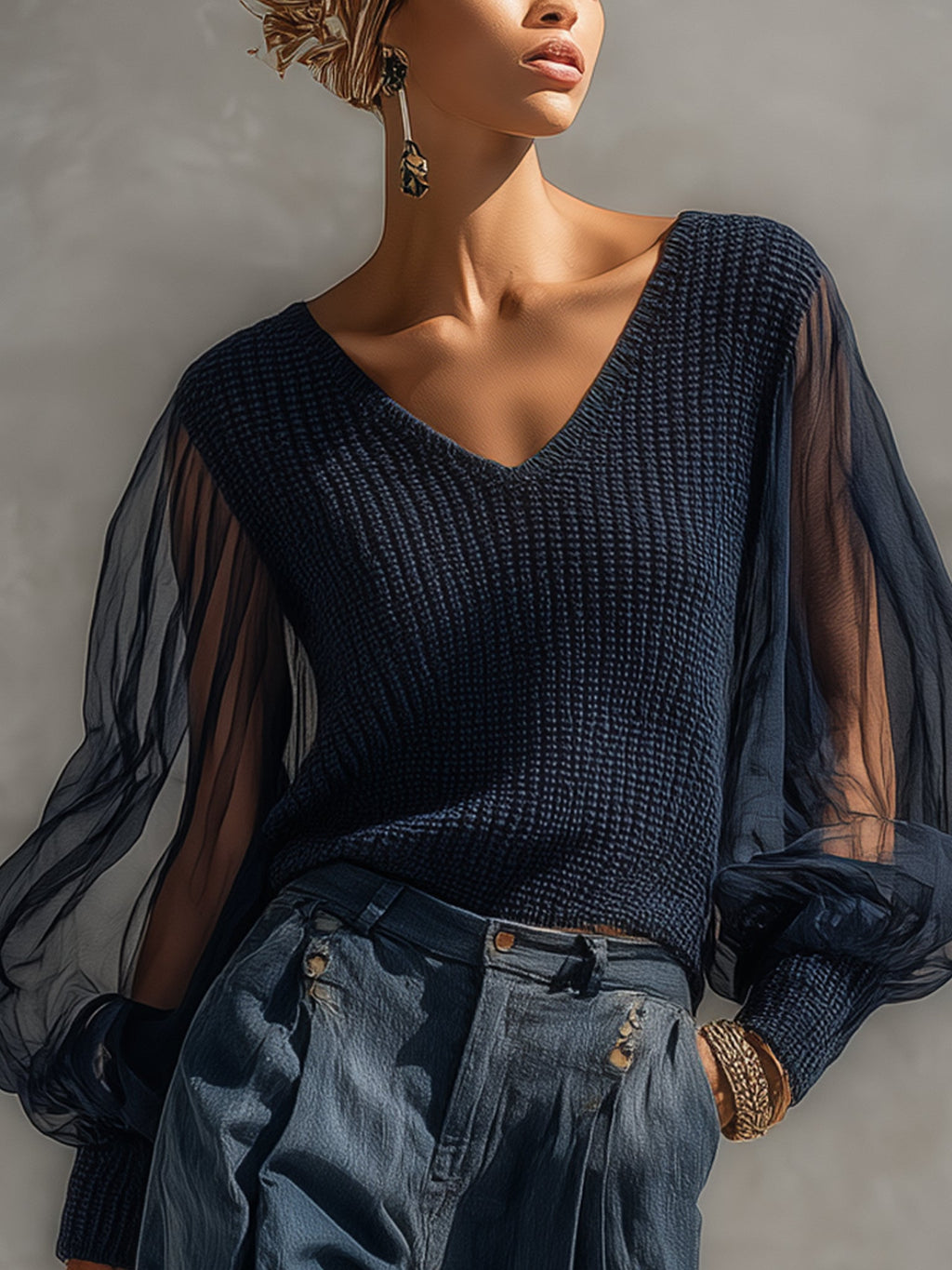 Navy Organza Patchwork Knit Top