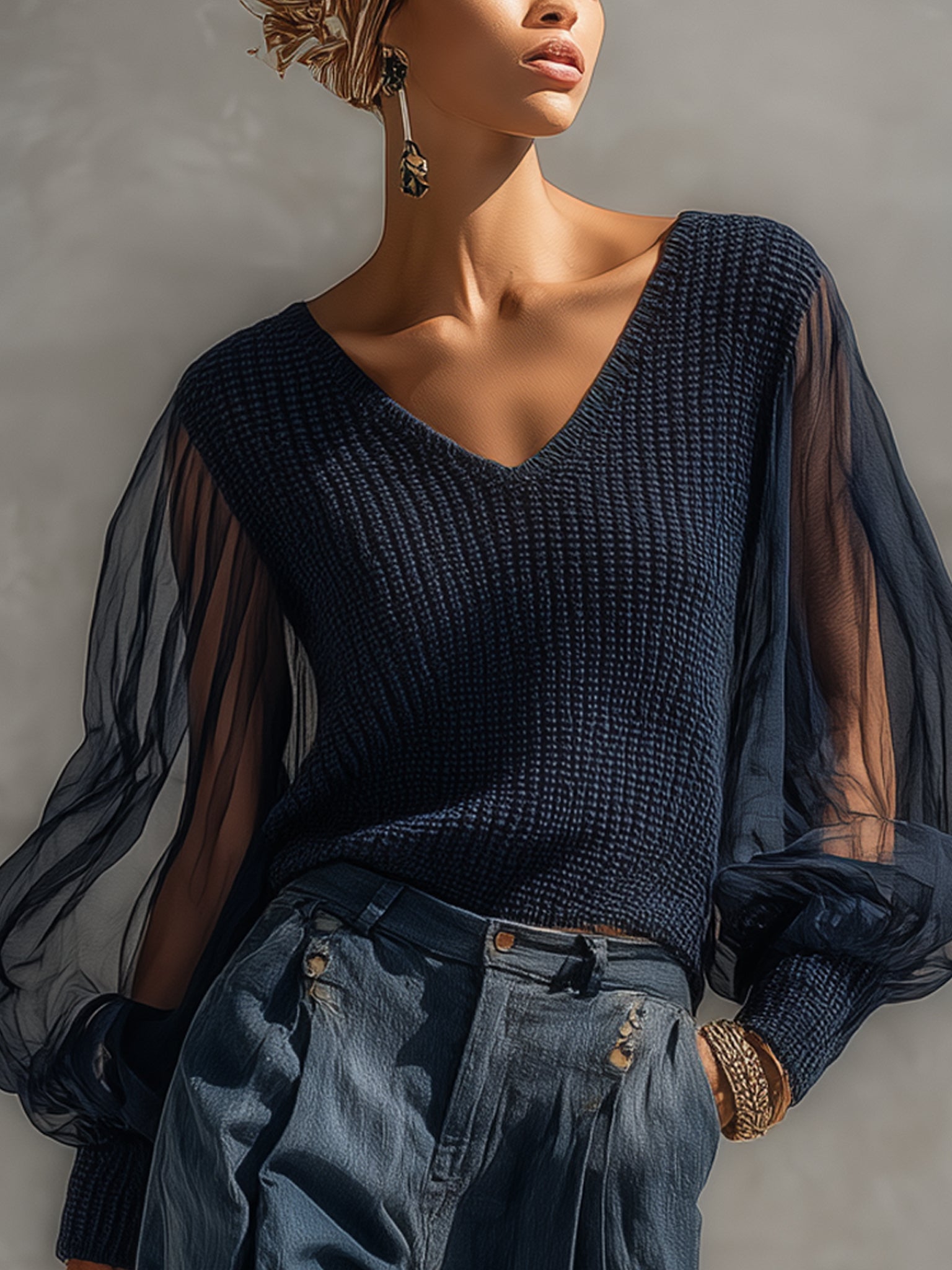 Navy Organza Patchwork Knit Top