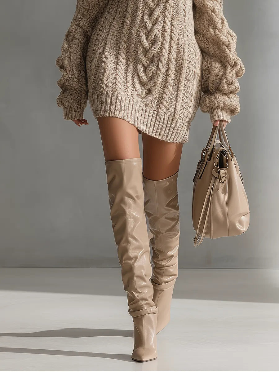 Women's Beige Cable Knit Off-the-Shoulder Fashion Mini Dress MDA1314J6T