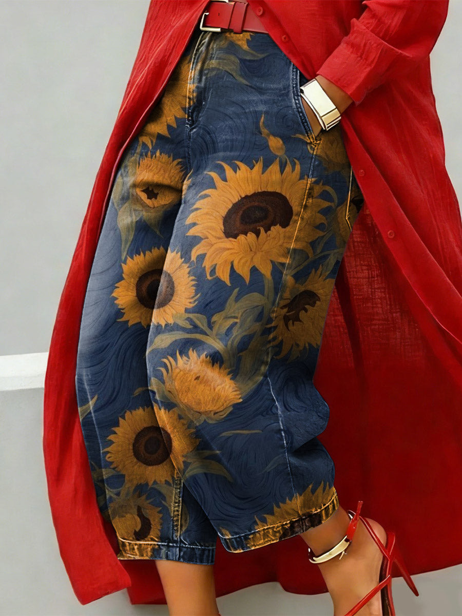 Artistic Oil Painting Sunflower Decorative Motif Women's Casual Jeans