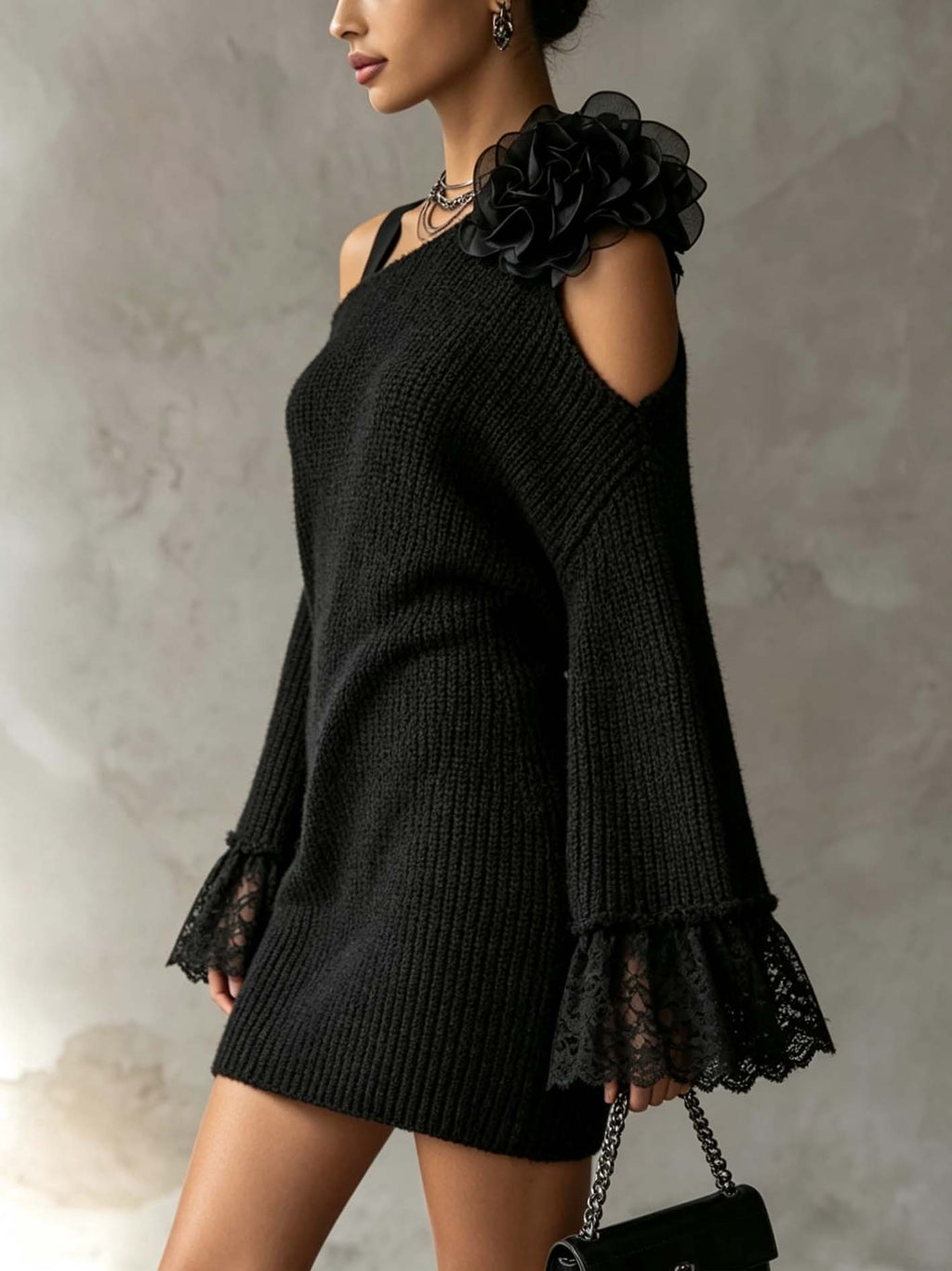 Black One Shoulder Knit Mini Dress With 3D Floral Applique And Lace Cuffs