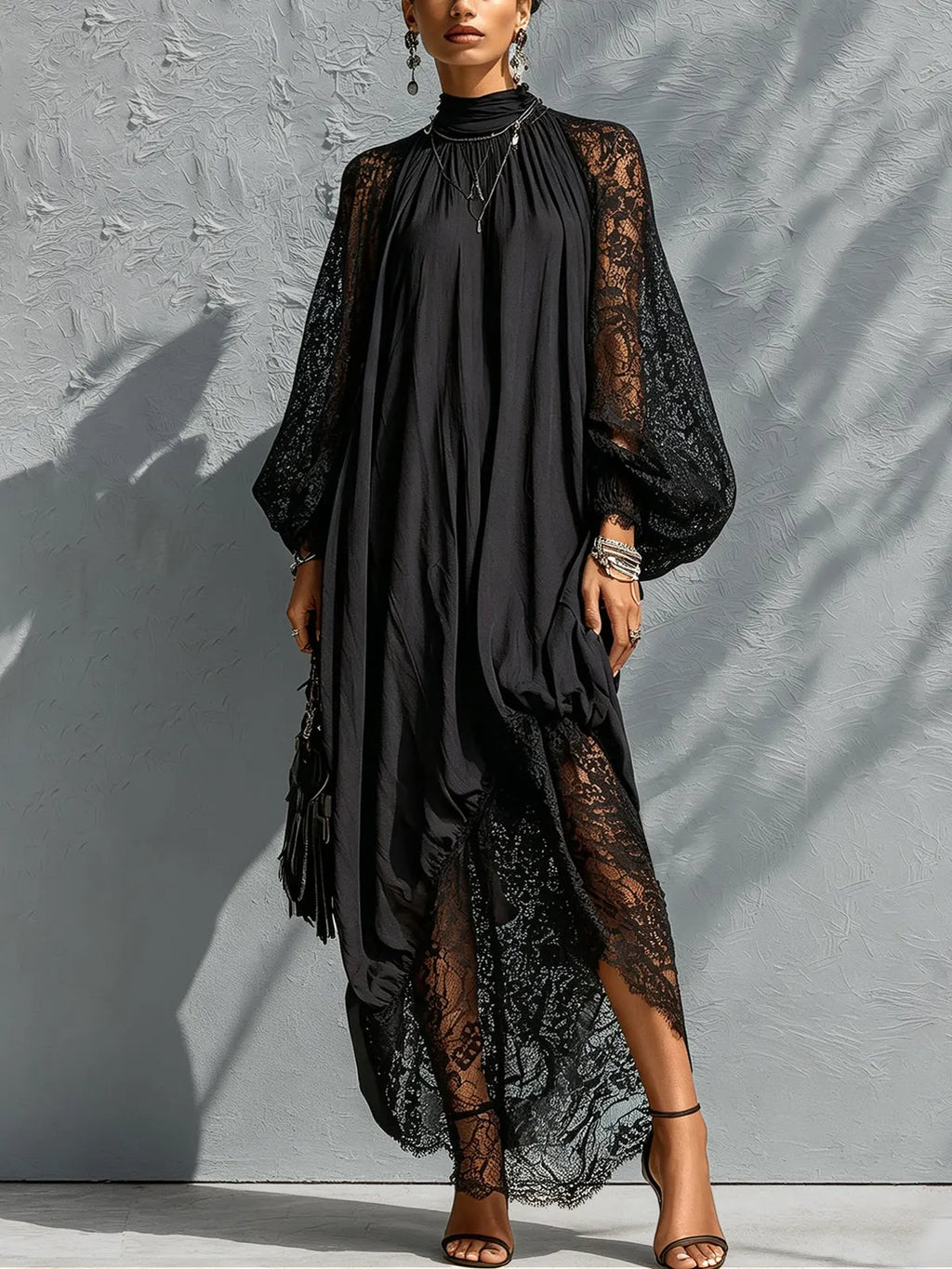 Black High Neck Lace Trim Maxi Dress