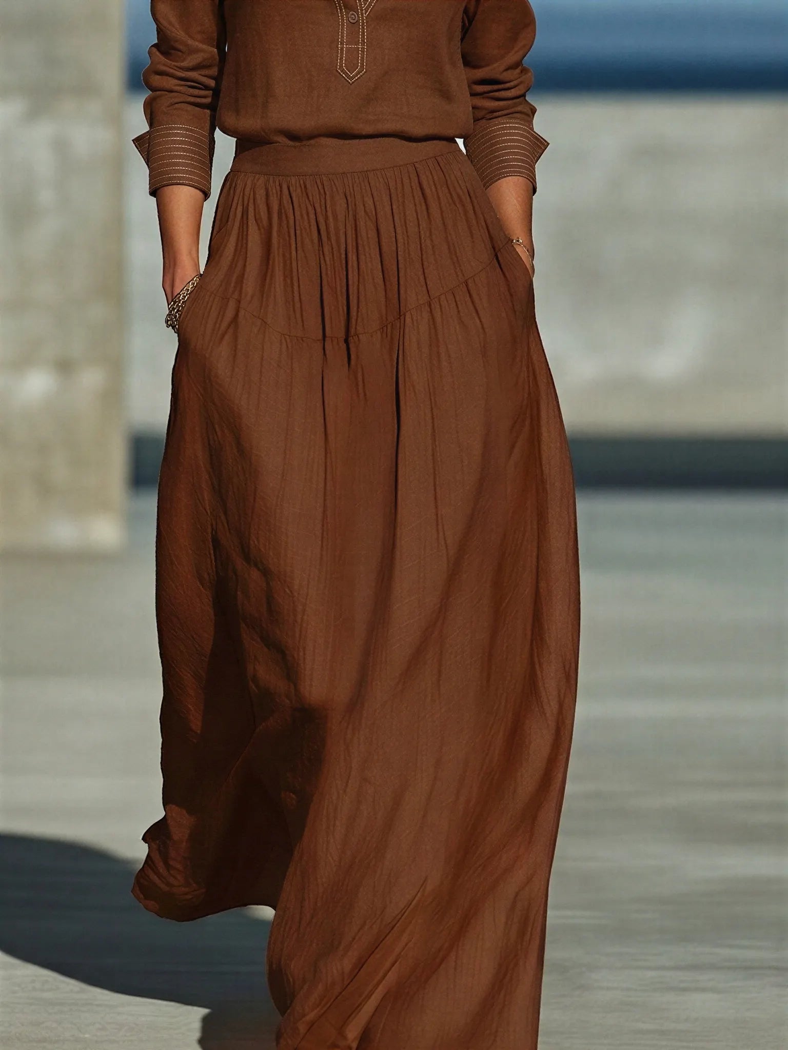Women's Chocolate Linen Blend Two Piece Matching Set With Contrast Stitch Henley Collar Shirt & High Waist Pleated Maxi Skirt, Casual Resort Flowy Co-Ord Outfit MDZ2094G8LYL