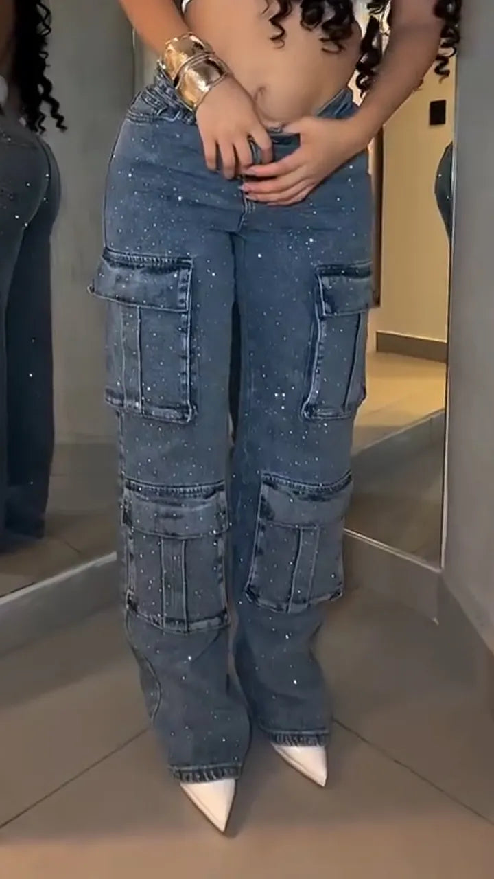 Women Hot Diamond Splicing Multi-pocket Casual Jeans
