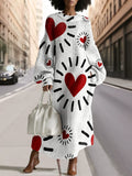 Women's Romantic Heart Print Silhouette Round Neck Heathered Knitted Maxi Dress