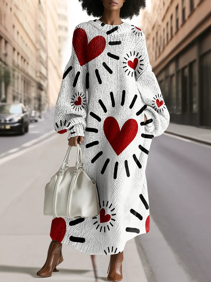 Women's Romantic Heart Print Silhouette Round Neck Heathered Knitted Maxi Dress