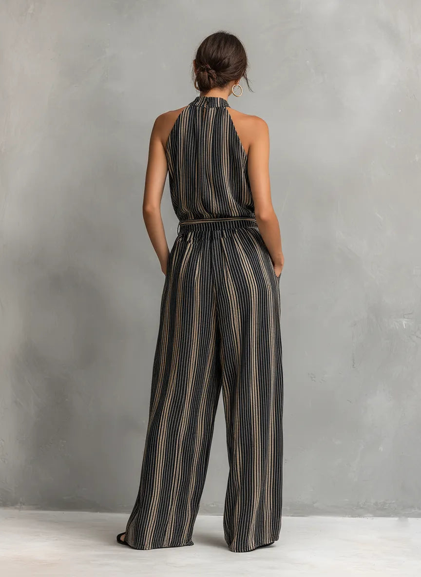 Women's Elegant Striped Printed Woven Round Neck Sleeveless Top Paired With Trousers Set MDZ2706B5AN