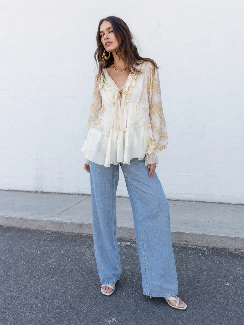 Leopard Print V-Neck Ruffle Tie-Front Blouse with Bishop Sleeves