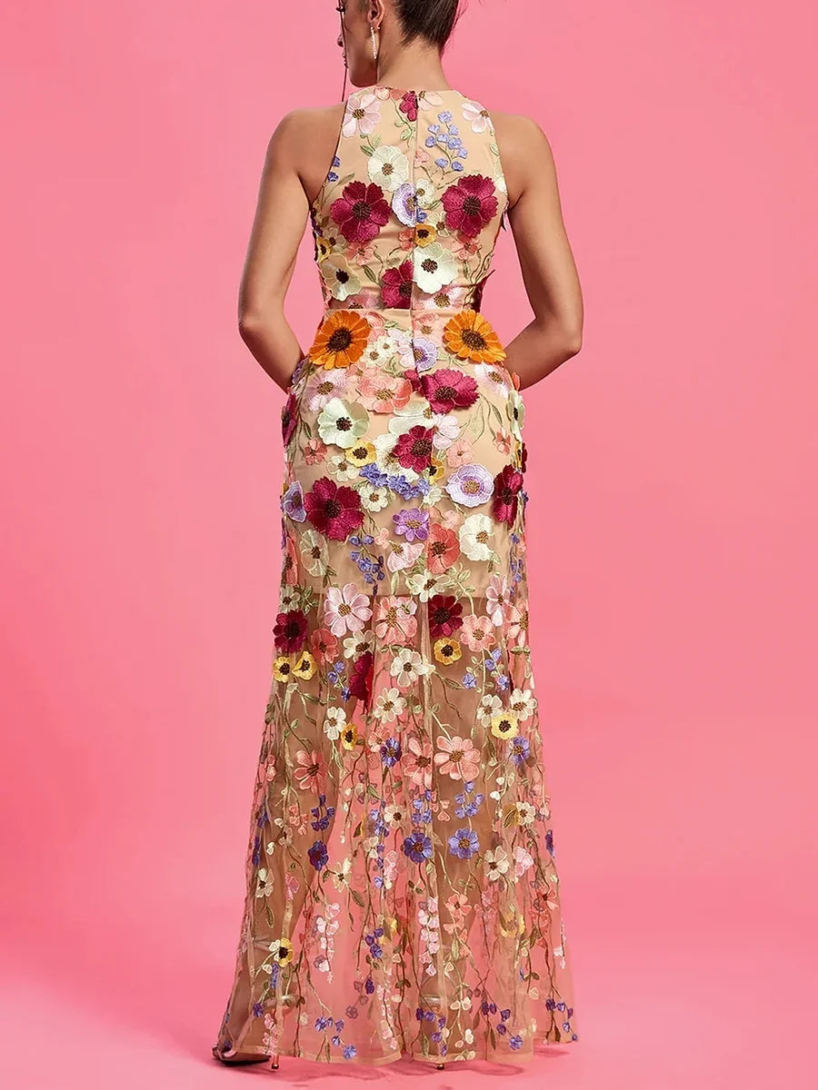 Sleeveless Round Neck Floral Embroidery Maxi Dress