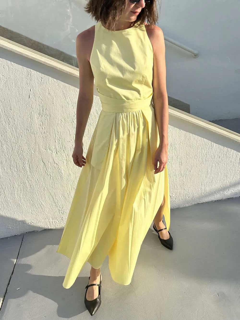 Unique Side Slit Lace-Up Pocket Vest Dress