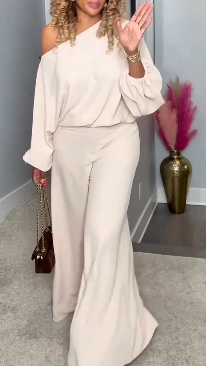 Women Diagonal Collar Top+ Pants Solid Color Casual Suit