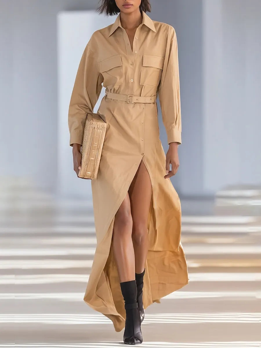Women's Khaki Cotton Blend Shirt Maxi Dress With Chest Flap Pockets & Self Tie Waist Belt, Utility Chic Long Sleeve Front Slit Shirt Maxi Dress MDZ2702G7LYL