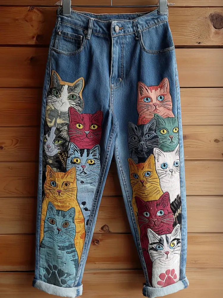 Retro Colored Cat  Embroidered Washed Jeans