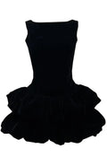Puff Detail Velvet Dress Black