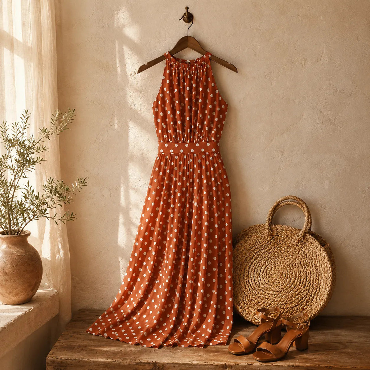 Soliana – Pleated Polka Dot Halter Midi Dress for Women