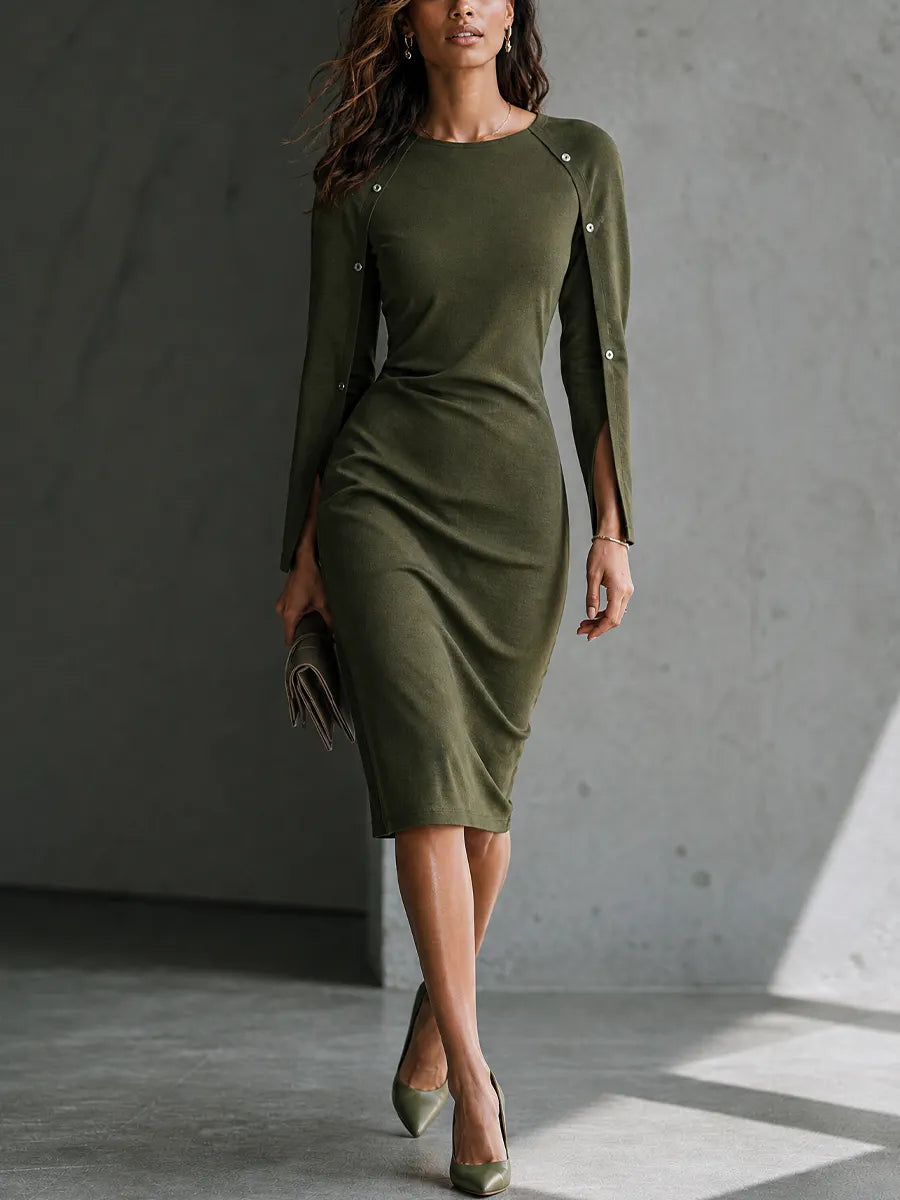 Women's Elegant Slim Olive Green Knit Cotton Blend Button-Trim Split Sleeve Midi Dress MDZ1630G9GMJ