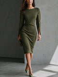 Women's Elegant Slim Olive Green Knit Cotton Blend Button-Trim Split Sleeve Midi Dress MDZ1630G9GMJ
