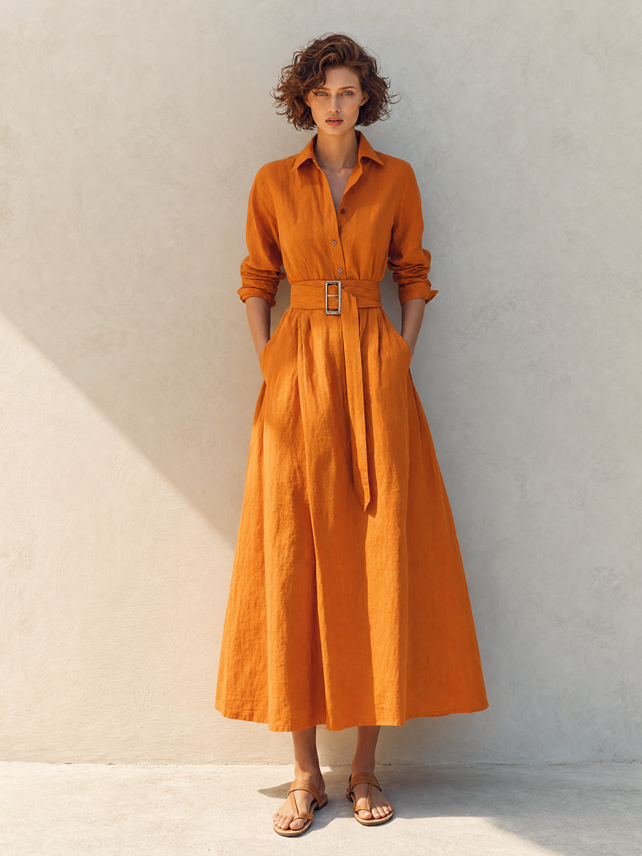 Women's Resort-Style Orange Collared Long-Sleeve Belted Cinched-Waist Linen Shirt Midi Dress MDZ1443G2CMX