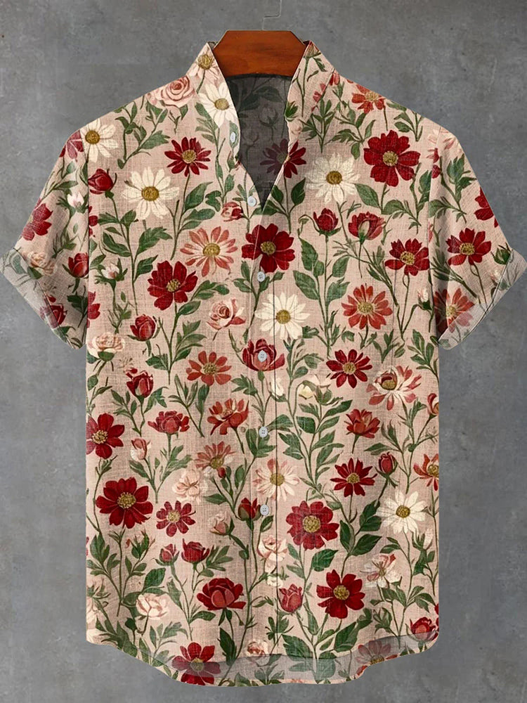 Men's Japanese-style Floral Print Short-sleeved Shirt