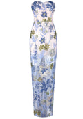 Strapless Floral Sequin Maxi Dress Blue