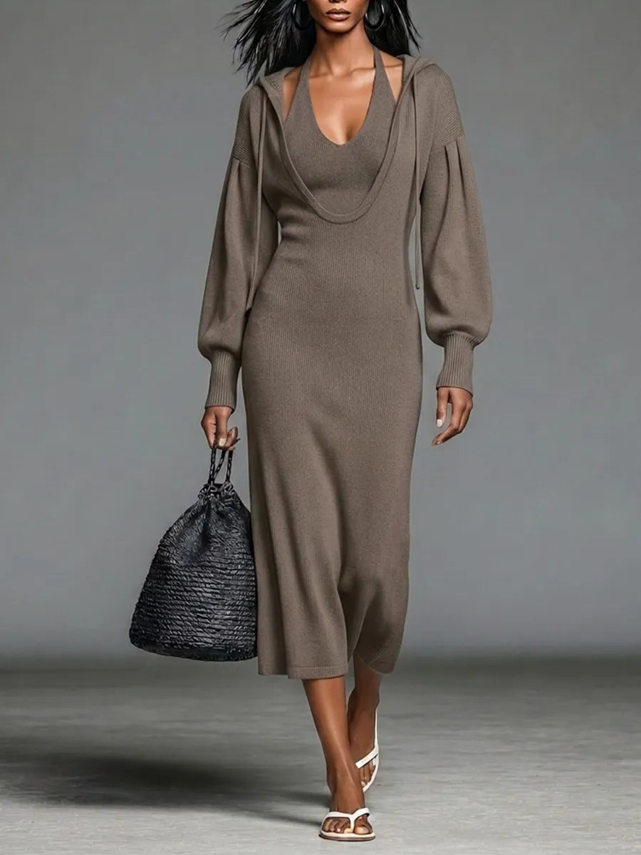 Women's Taupe Ribbed Knit Midi Dress With Faux Two-Piece Hooded Layer Design & Halter Neck Lantern Sleeves, Minimalist Casual Slim Fit Knit Midi Dress MDZ2414G5LYL