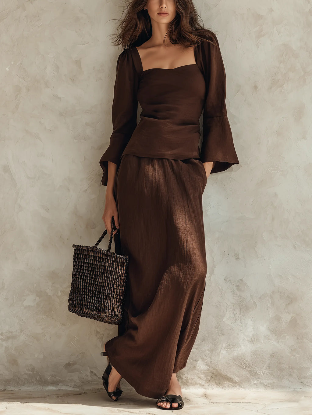 Women's Casual Brown Cotton-linen Long-sleeve Top With A Square Neck, Paired With A Skirt MDZ1739G0LXY